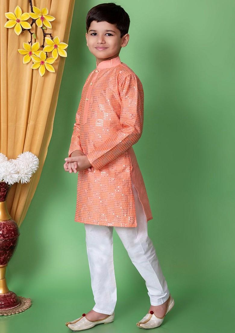 Peach Embroidered Blended Kurta Set For Boys - Indya