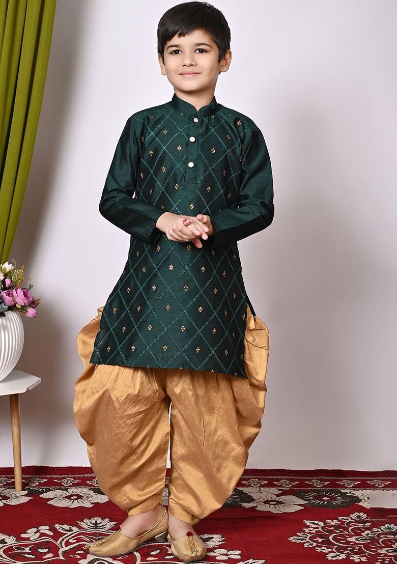 Green Embroidered Silk Kurta Set For Boys - Indya