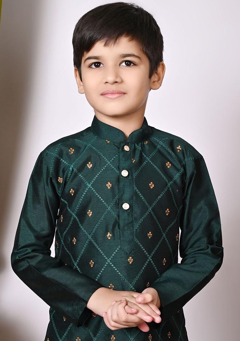 Green Embroidered Silk Kurta Set For Boys - Indya