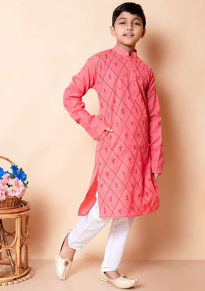 Orange Embroidered Blended Kurta Set For Boys - Indya
