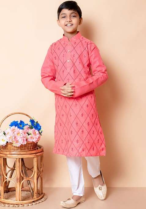 Orange Embroidered Blended Kurta Set For Boys