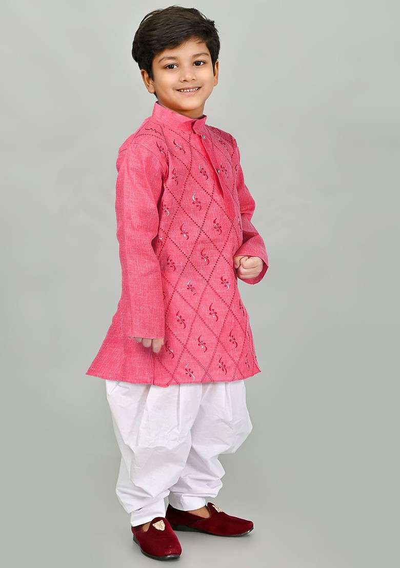 Orange Embroidered Blended Kurta Set For Boys - Indya
