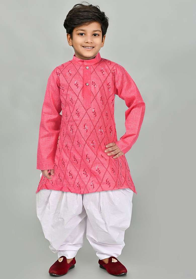 Orange Embroidered Blended Kurta Set For Boys - Indya