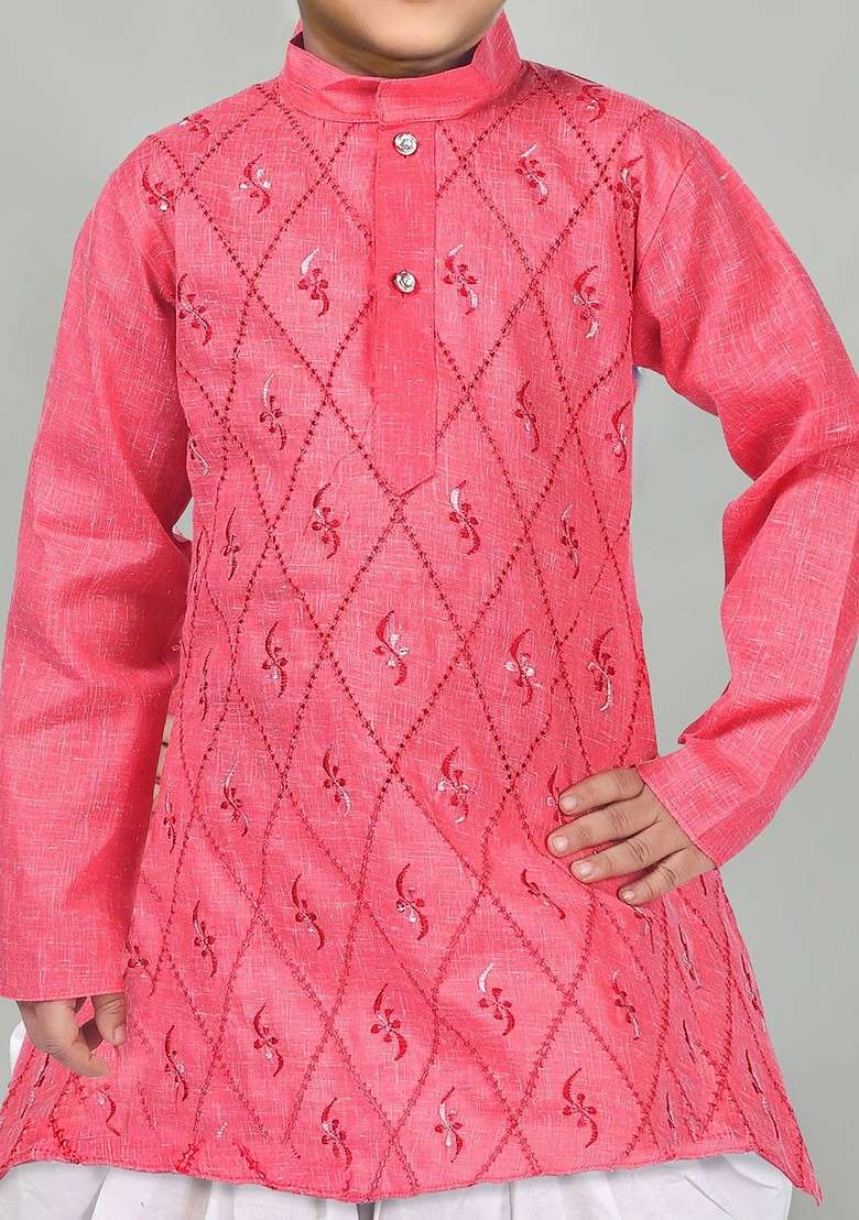 Orange Embroidered Blended Kurta Set For Boys - Indya