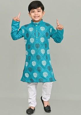Green Printed Blended Kurta Set For Boys