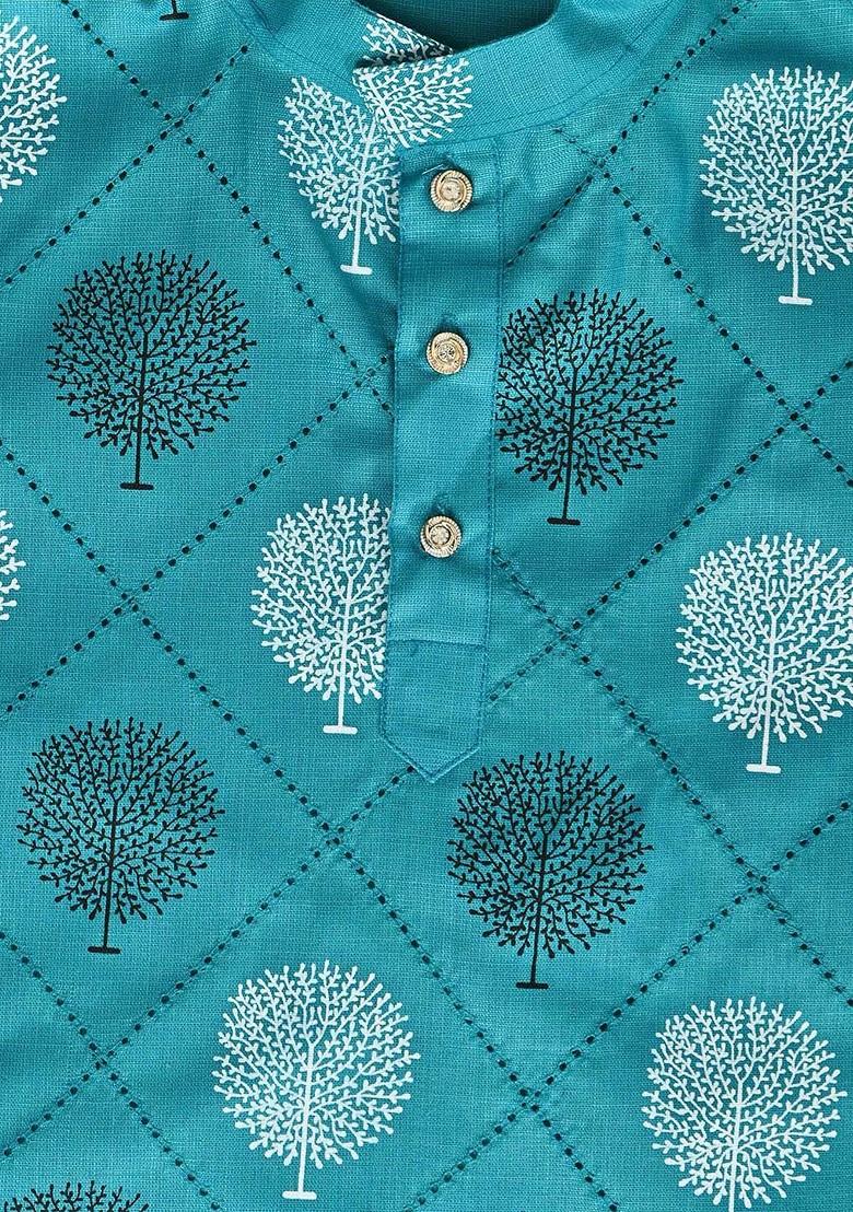 Green Printed Blended Kurta Set For Boys - Indya