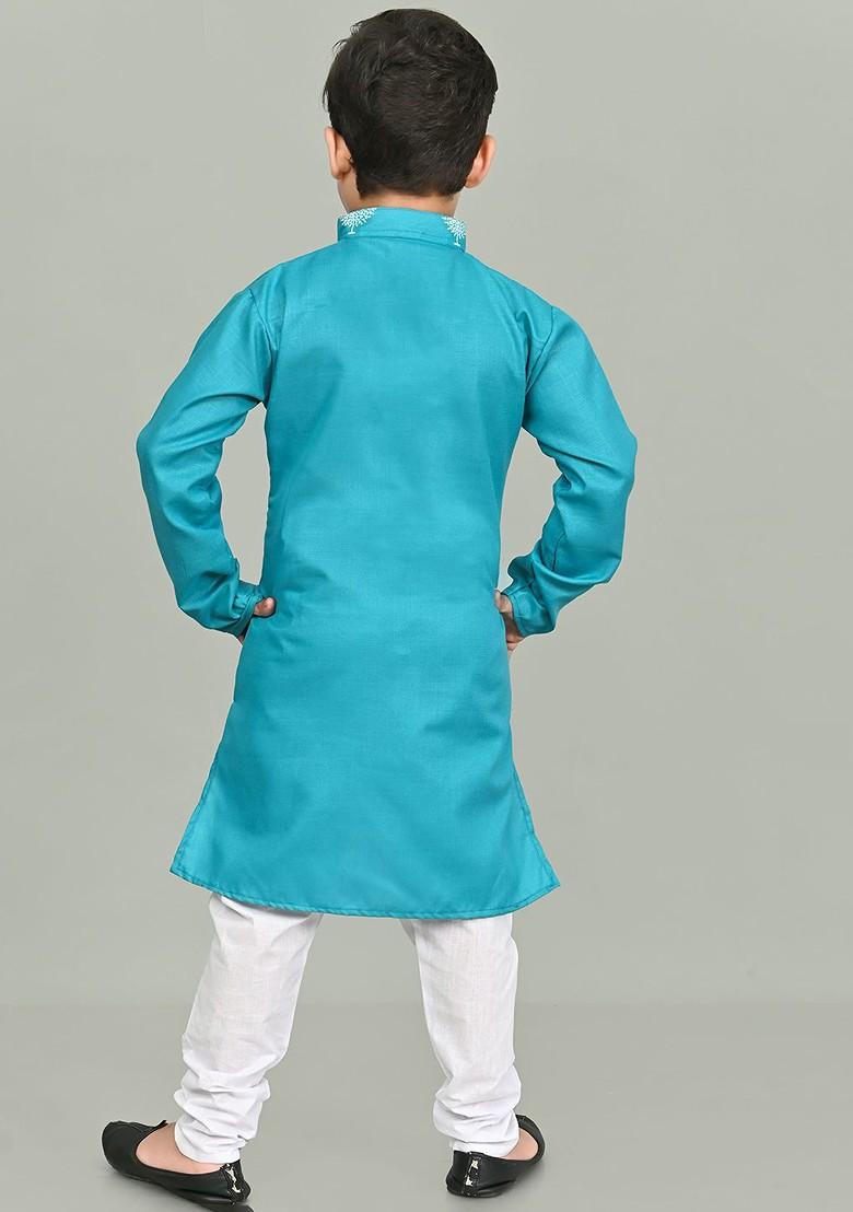 Green Printed Blended Kurta Set For Boys - Indya