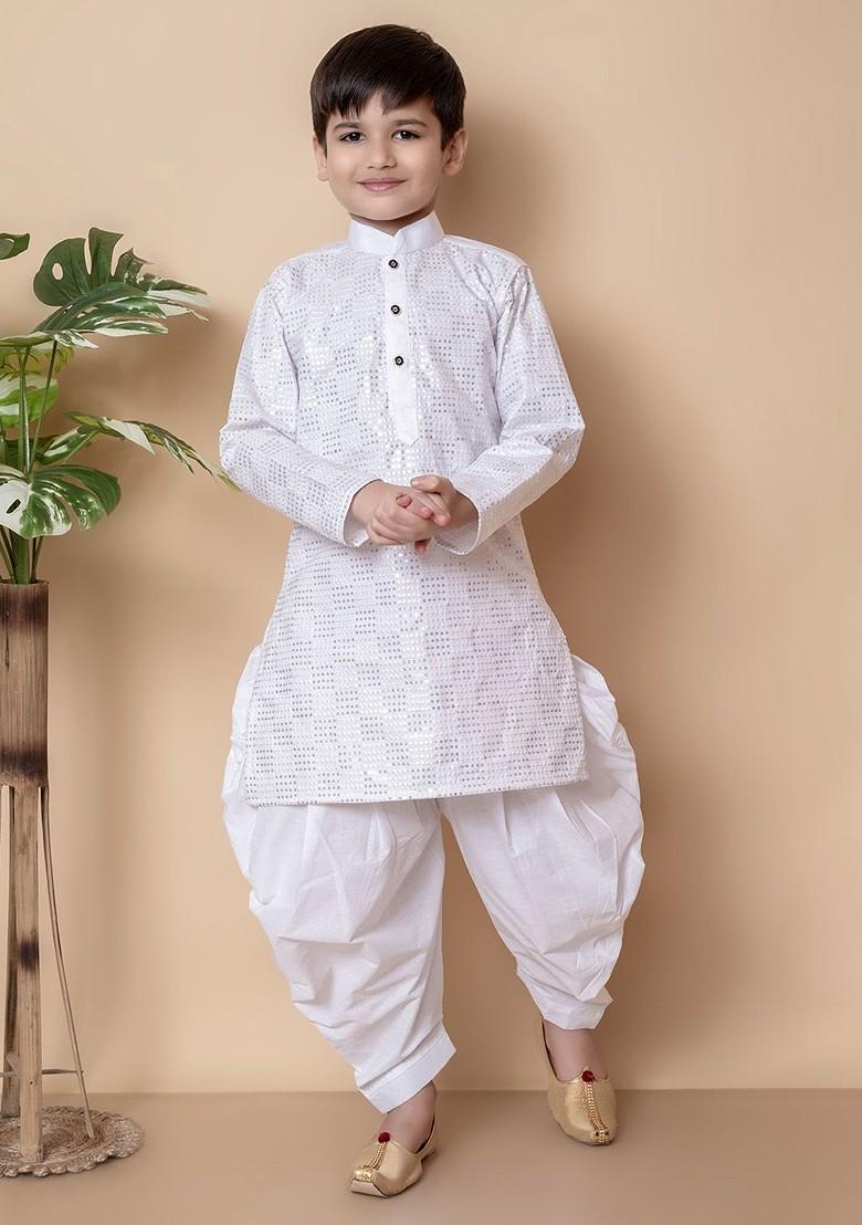 White Sequinned Blended Kurta Set For Boys - Indya