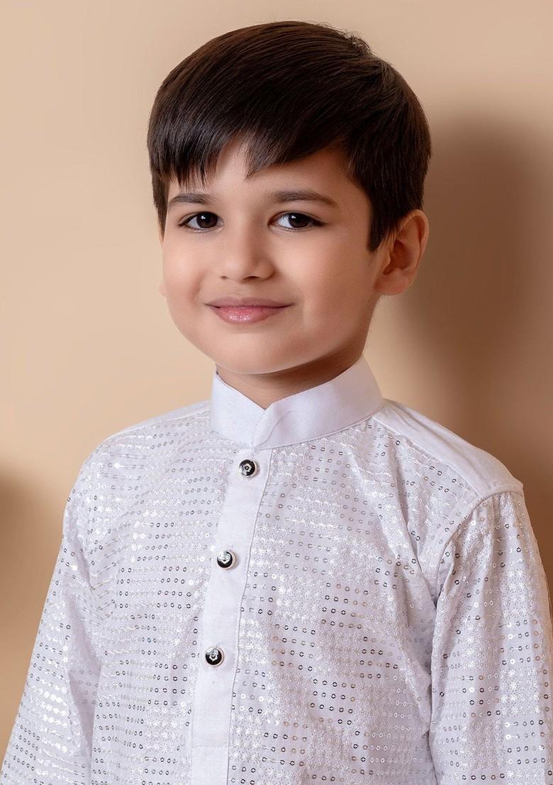 White Sequinned Blended Kurta Set For Boys - Indya