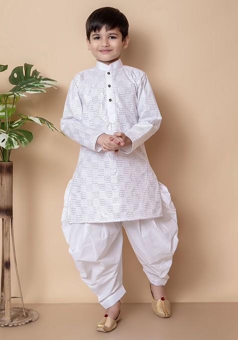White Sequinned Blended Kurta Set For Boys — view on Indya