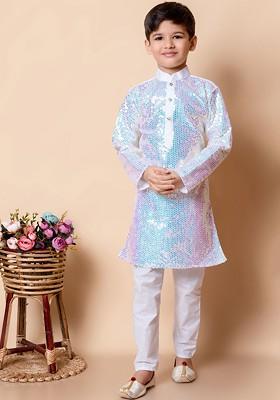 White Sequinned Silk Kurta Set For Boys