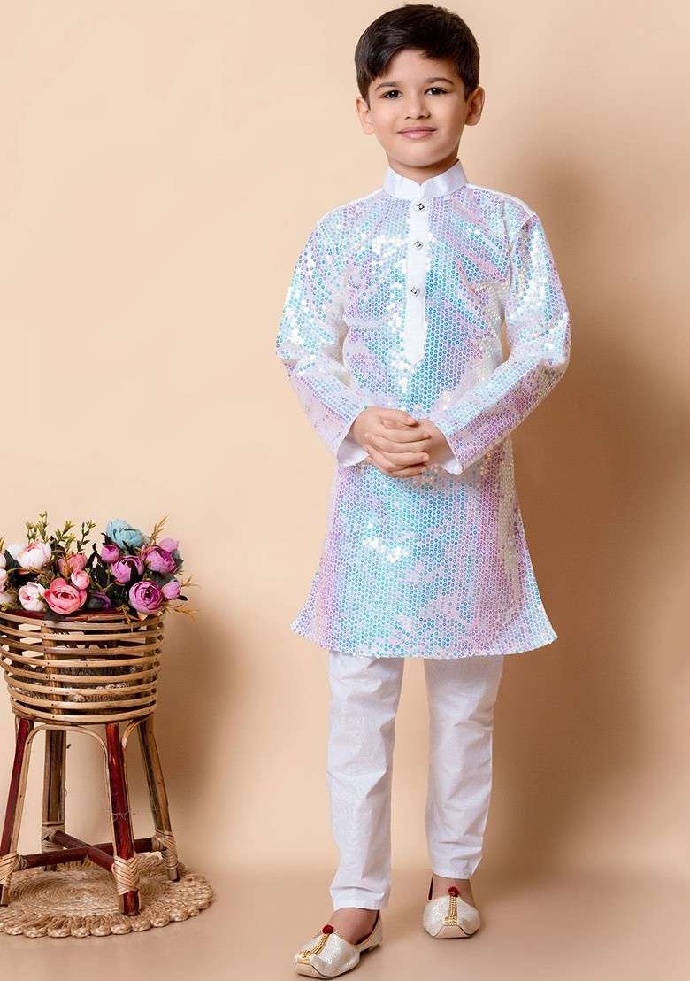 White Sequinned Silk Kurta Set For Boys - Indya