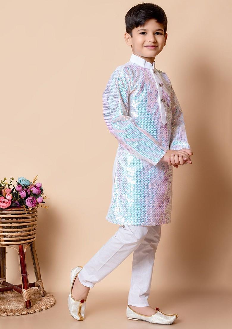 White Sequinned Silk Kurta Set For Boys - Indya
