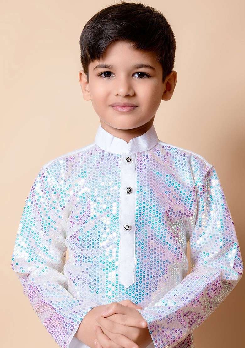 White Sequinned Silk Kurta Set For Boys - Indya