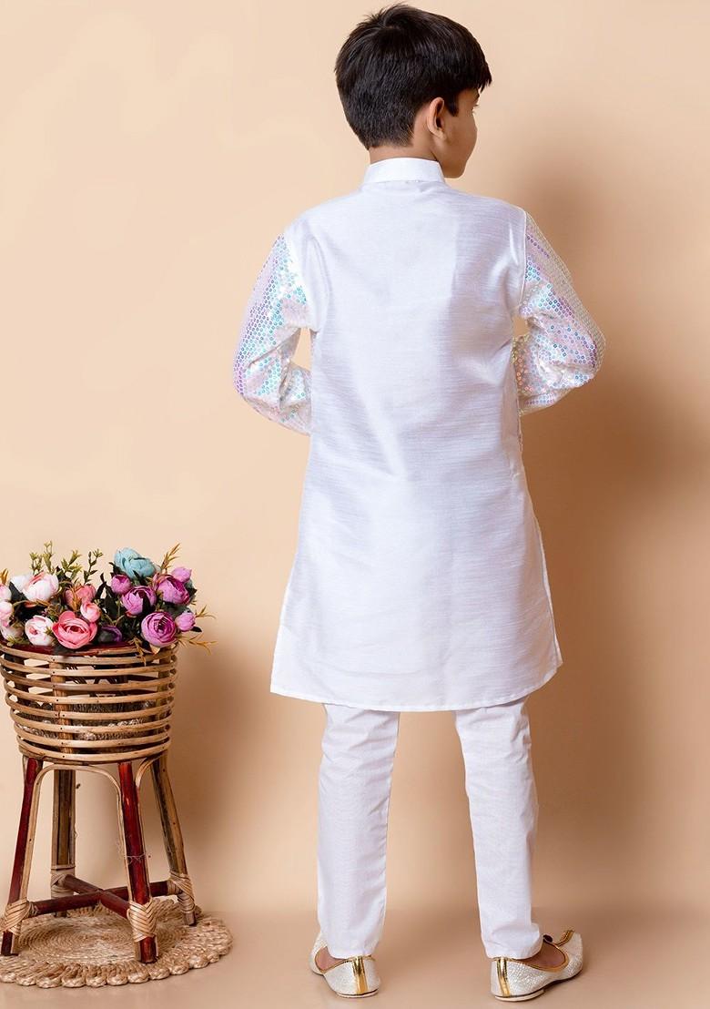 White Sequinned Silk Kurta Set For Boys - Indya