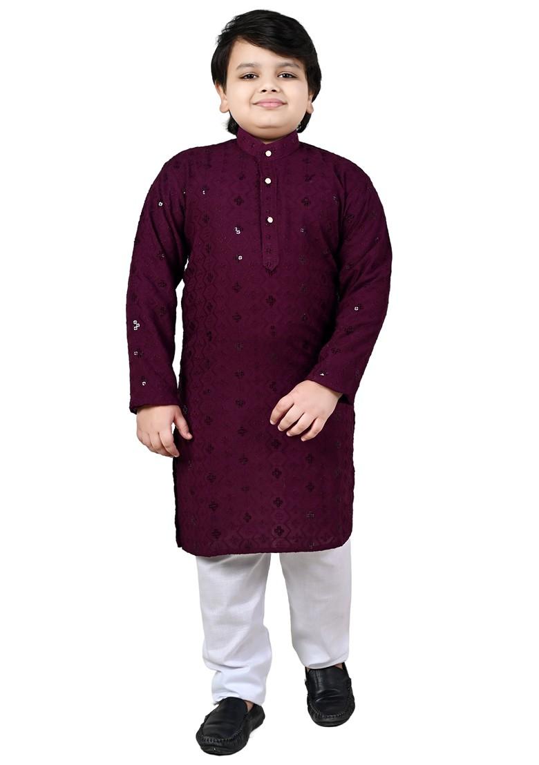 Purple Embroidered Blended Kurta Set For Boys - Indya
