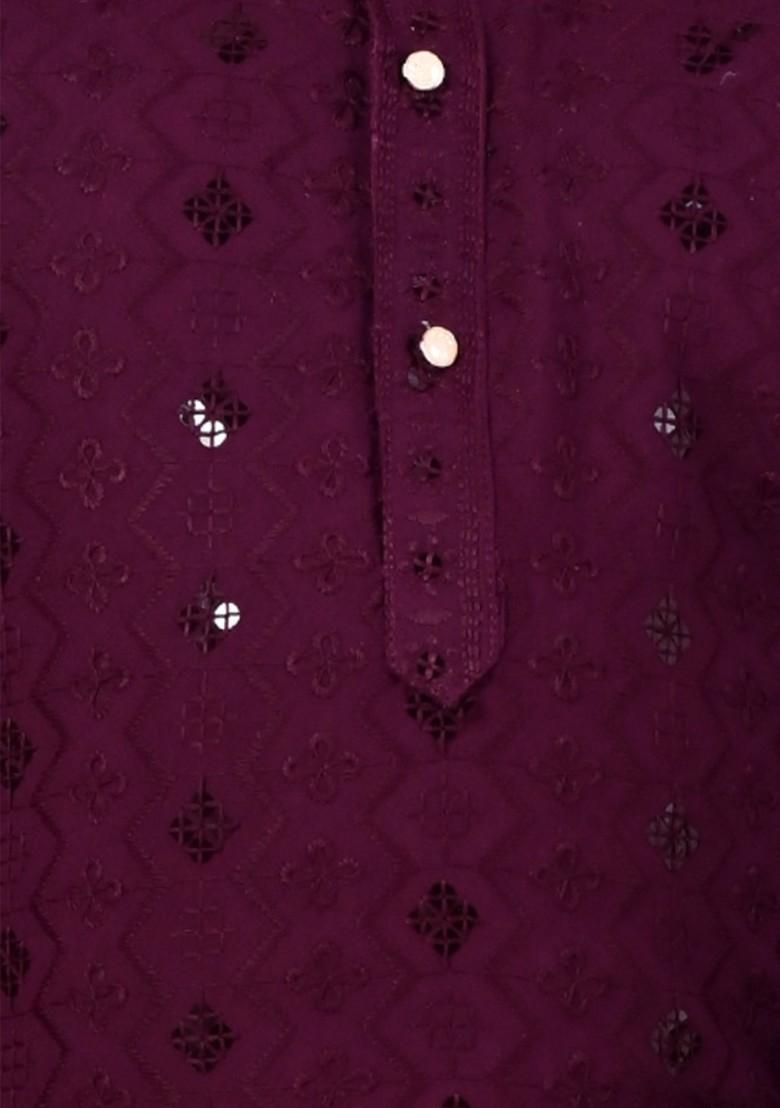Purple Embroidered Blended Kurta Set For Boys - Indya