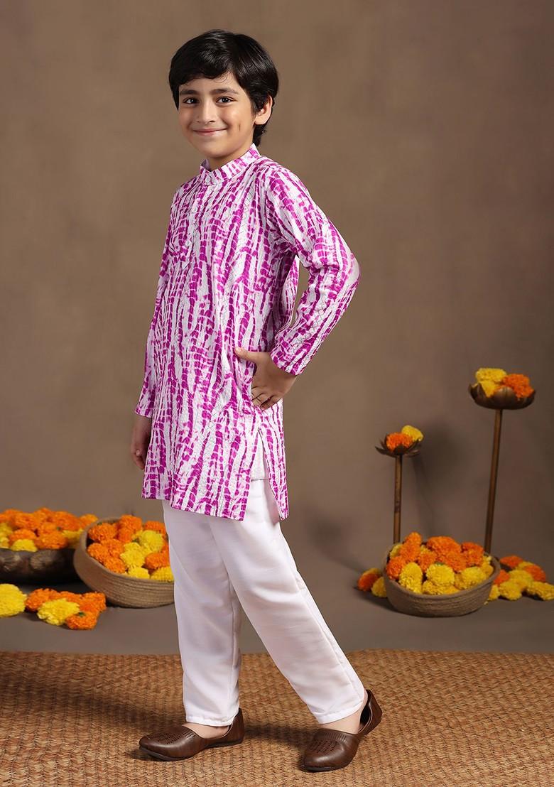 Purple Embroidered Blended Kurta Set For Boys - Indya