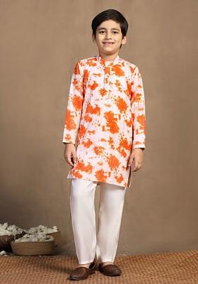 Orange Embroidered Blended Kurta Set For Boys