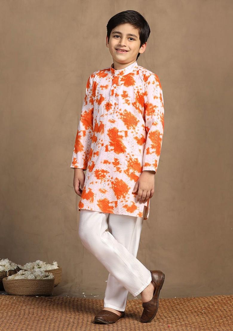 Orange Embroidered Blended Kurta Set For Boys - Indya