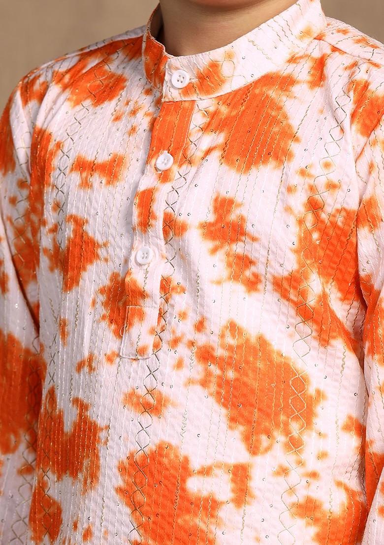 Orange Embroidered Blended Kurta Set For Boys - Indya