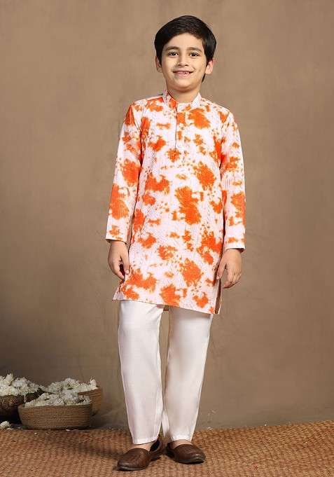Orange Embroidered Blended Kurta Set For Boys