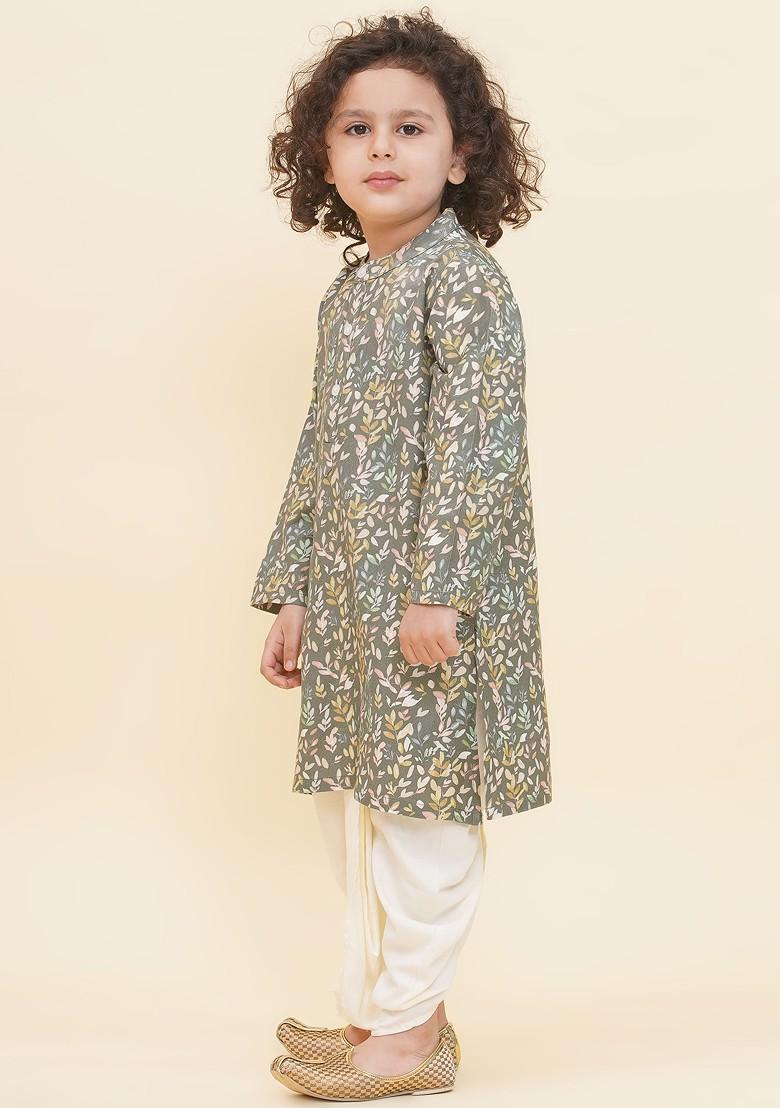 Green Printed Blended Kurta Dhoti Set For Boys - Indya