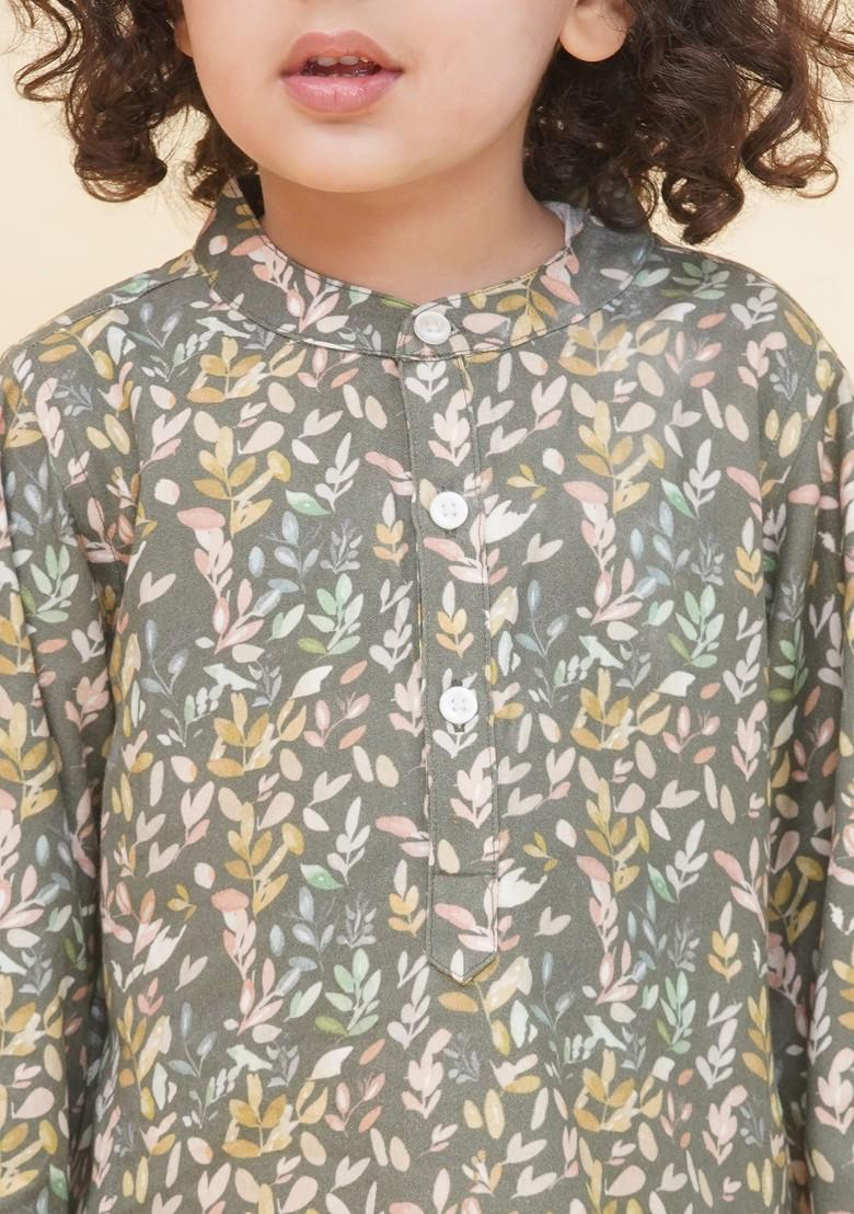 Green Printed Blended Kurta Dhoti Set For Boys - Indya