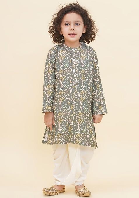 Green Printed Blended Kurta Dhoti Set For Boys — view on Indya