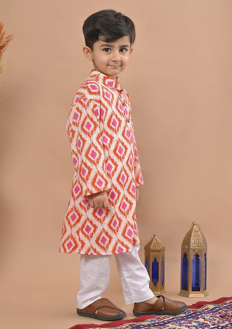 Red Printed Cotton Kurta Set For Boys - Indya