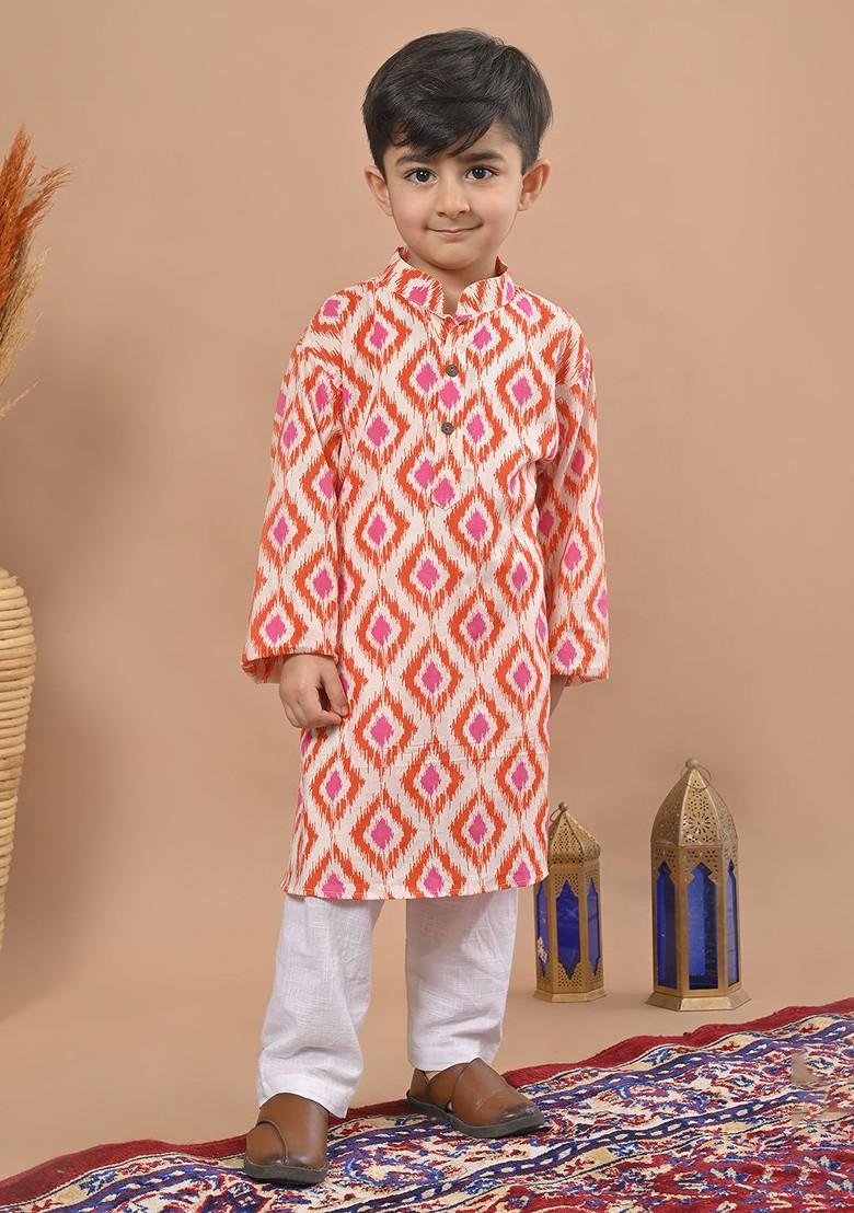 Red Printed Cotton Kurta Set For Boys - Indya