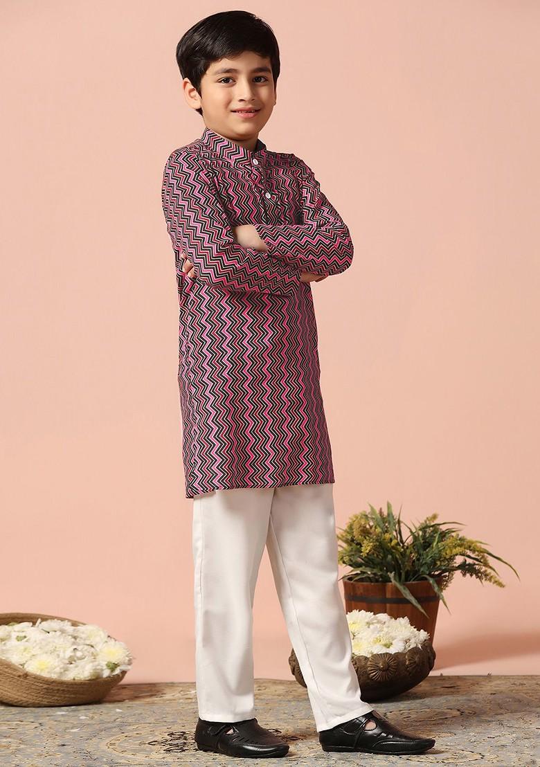 Black Printed Blended Kurta Set For Boys - Indya