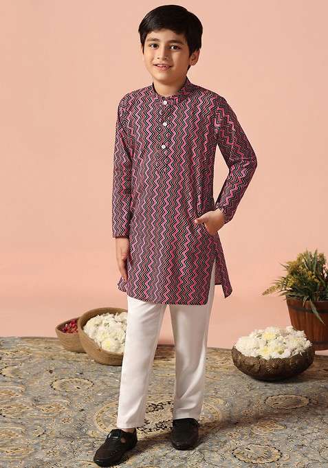 Black Printed Blended Kurta Set For Boys