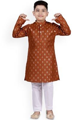 Brown Printed Blended Kurta Set For Boys