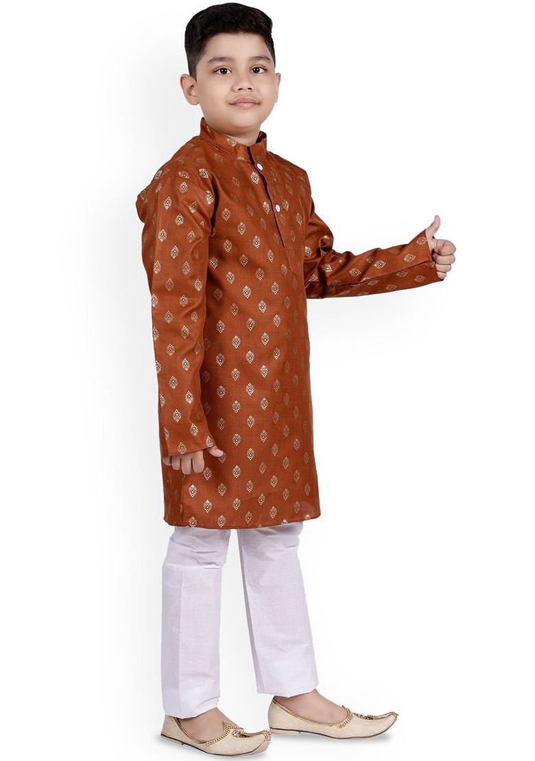 Brown Printed Blended Kurta Set For Boys - Indya