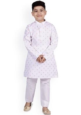 White Printed Blended Kurta Set For Boys