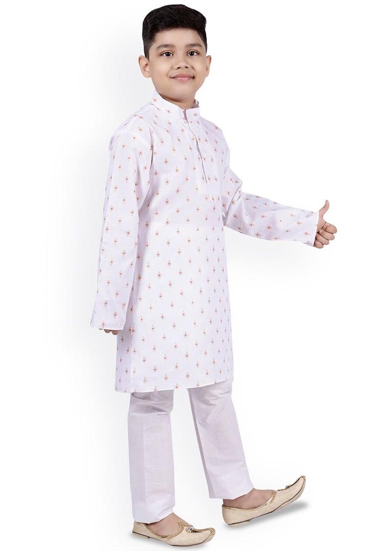 White Printed Blended Kurta Set For Boys - Indya
