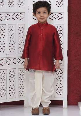 Maroon Embroidered Silk Kurta Dhoti Set For Boys