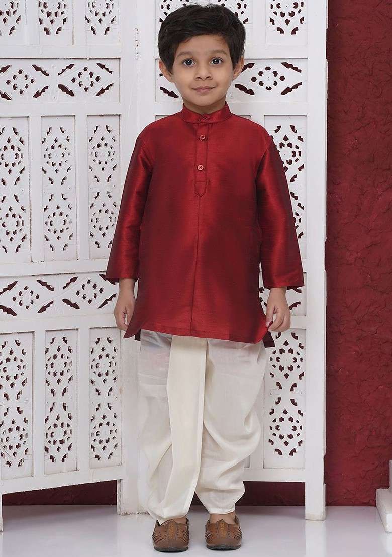 Maroon Embroidered Silk Kurta Dhoti Set For Boys - Indya
