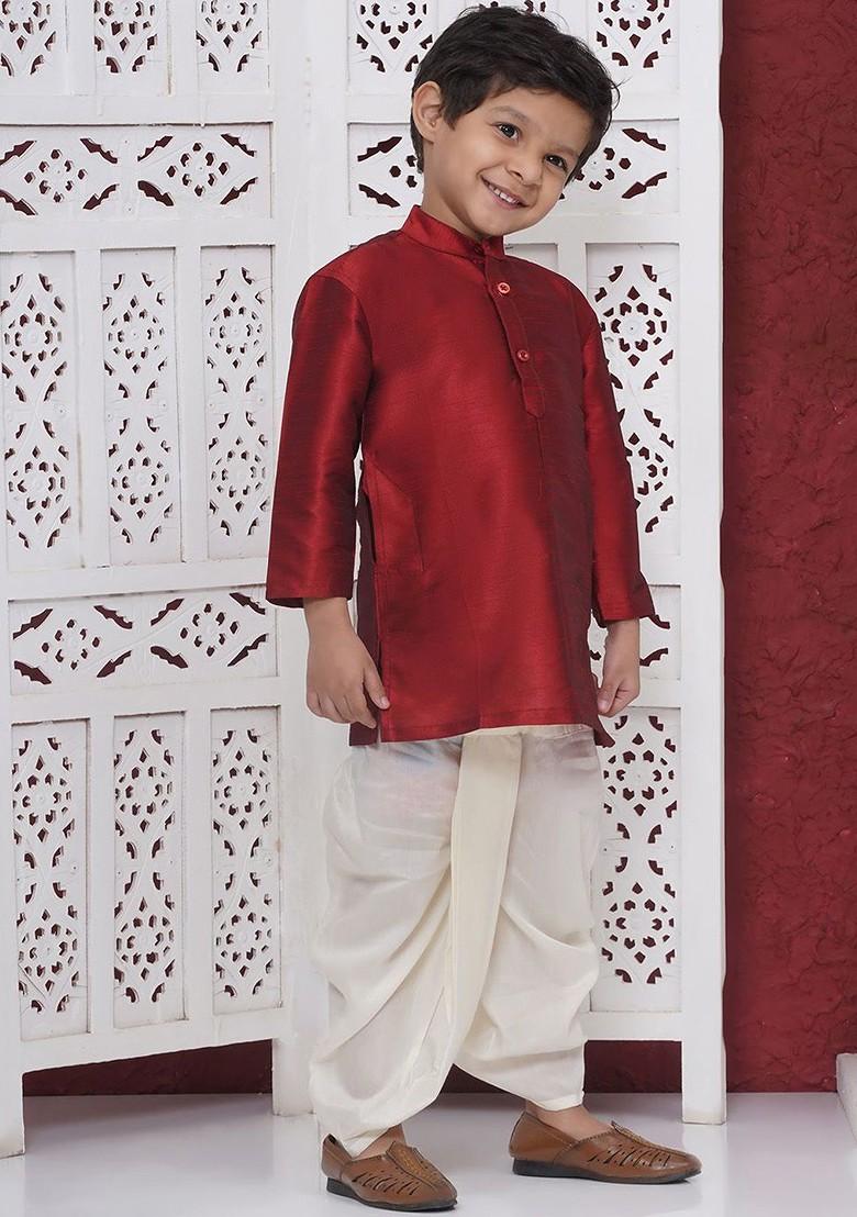 Maroon Embroidered Silk Kurta Dhoti Set For Boys - Indya