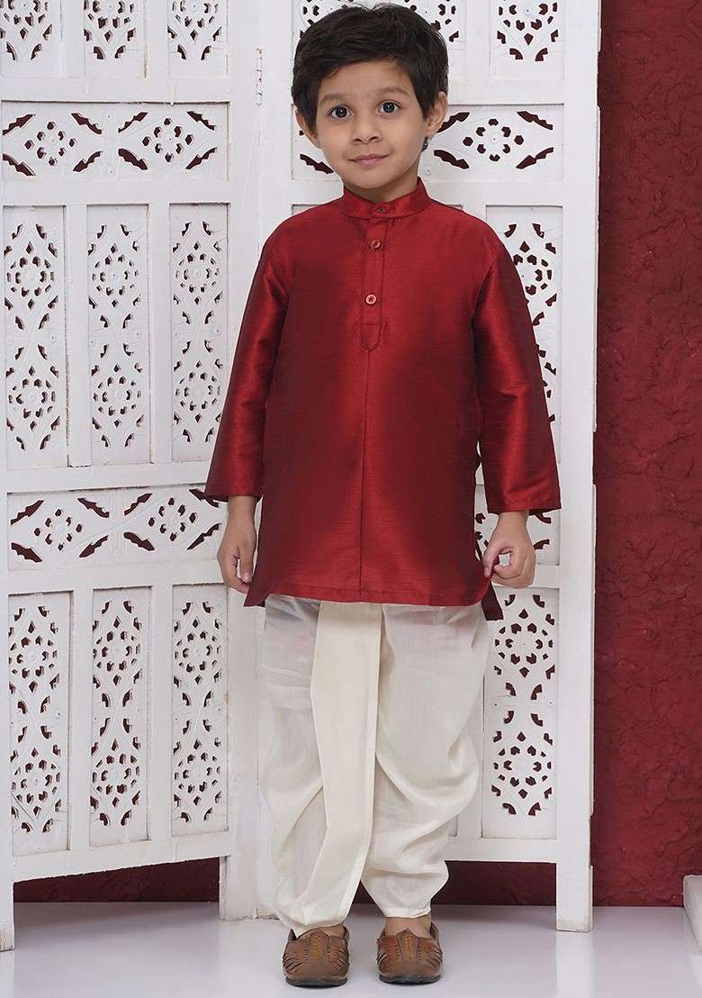 Maroon Embroidered Silk Kurta Dhoti Set For Boys - Indya