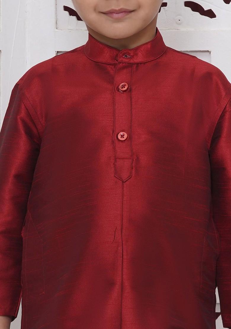 Maroon Embroidered Silk Kurta Dhoti Set For Boys - Indya