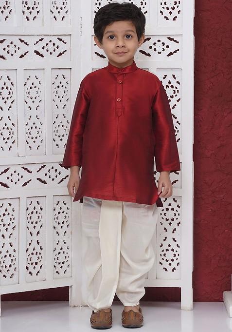 Maroon Embroidered Silk Kurta Dhoti Set For Boys — view on Indya