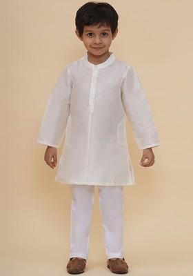 Off White Embroidered Silk Kurta Set For Boys