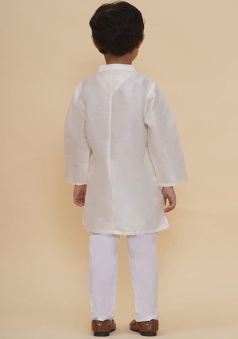 Off White Embroidered Silk Kurta Set For Boys - Indya