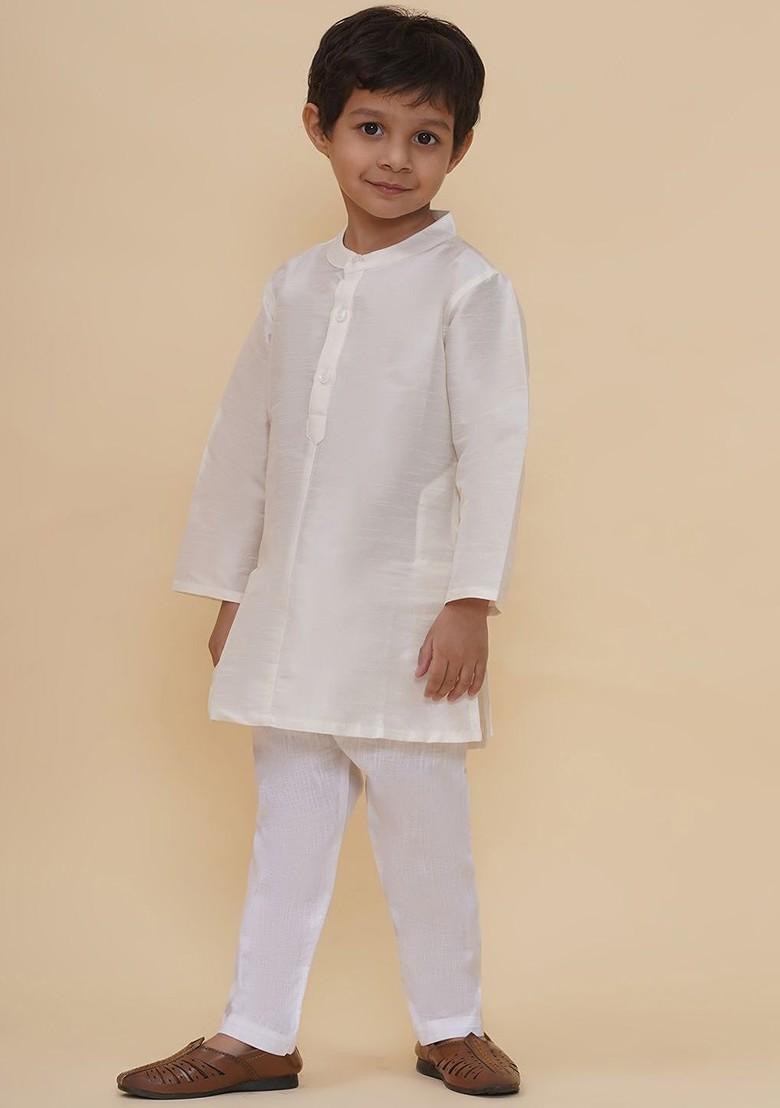 Off White Embroidered Silk Kurta Set For Boys - Indya