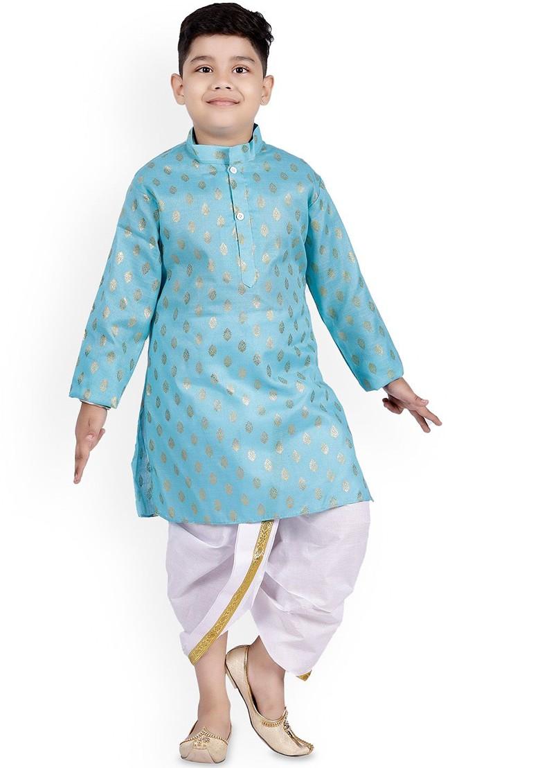 Blue Printed Blended Kurta Dhoti Set For Boys - Indya