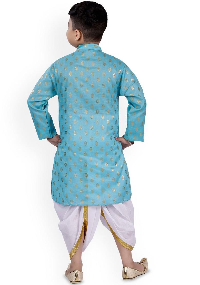 Blue Printed Blended Kurta Dhoti Set For Boys - Indya
