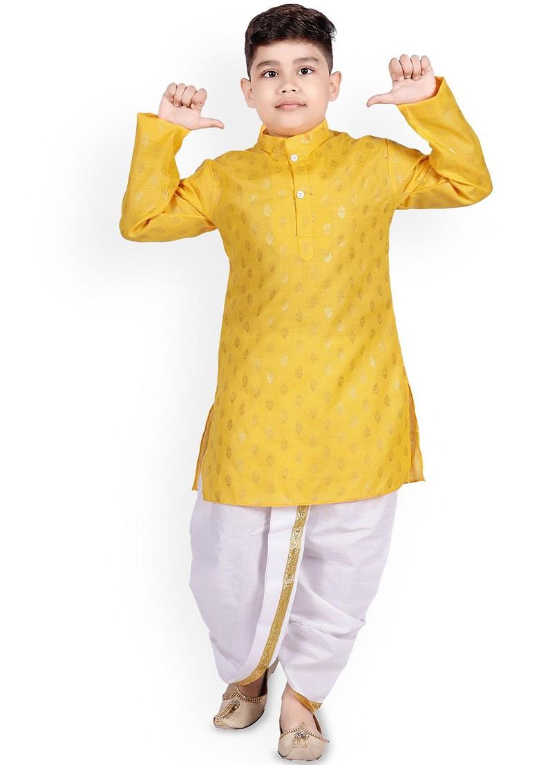 Yellow Printed Blended Kurta Dhoti Set For Boys - Indya
