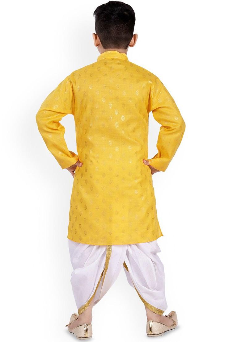 Yellow Printed Blended Kurta Dhoti Set For Boys - Indya